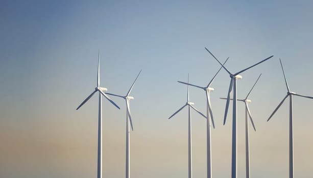 Wind turbine offshore plant in an ocean at sunrise, 3d rendering, alternative energy production, renewable and eco friendly power generation
