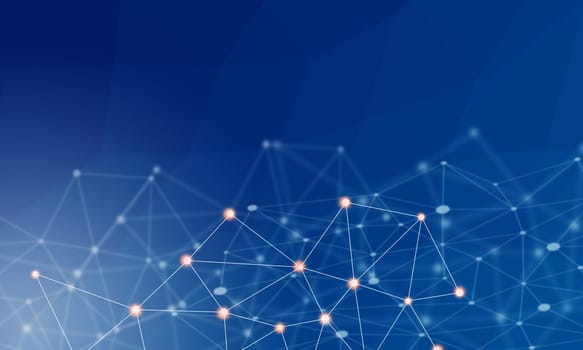 Technology background concept, Abstract connected line dots network on bright polygon blue blurred background.