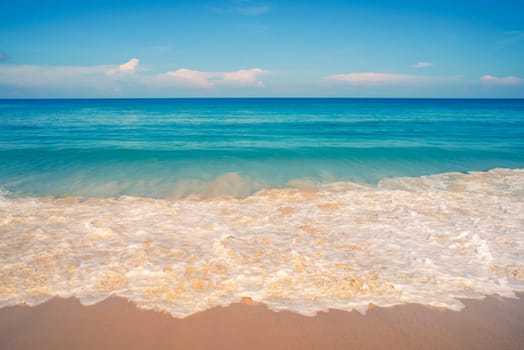 Summer and relax concept, Blue sea with beach sand landscape nature in blue sky sunshine day, Pastel color style