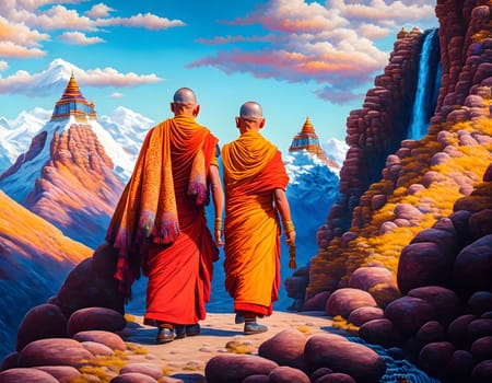 Two monks talking in the mountain by day - Generative AI