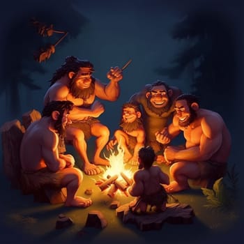 Cavemen cartoon from a prehistoric tribe, stone age, Neanderthal and Homo Sapiens in a cave, primitive civilization, generative AI