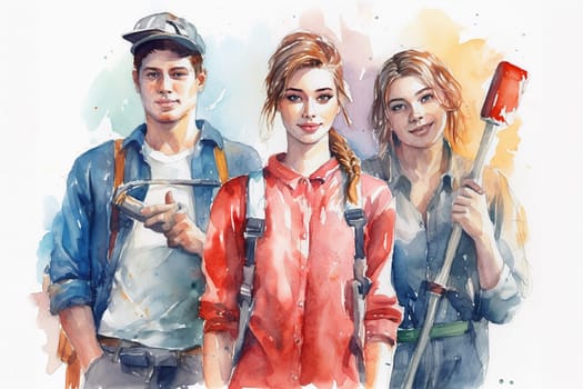 Group of teens with tools, apprentice for a job, learning new skills, generative AI