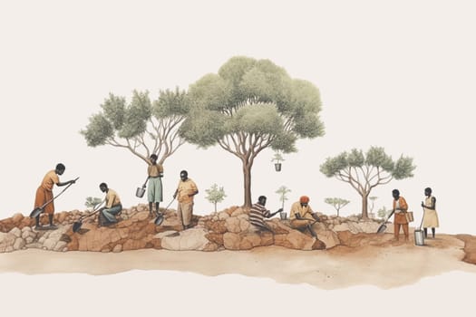 People in the park, planting trees and plants, leisure outdoor activity, gardening, generative AI