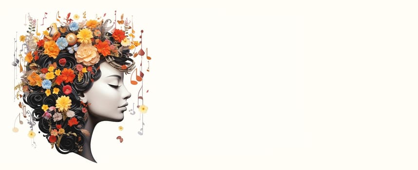 Woman with music notes and flowers, human brain, self care and mental health concept, sound therapy, creative mind, generative AI