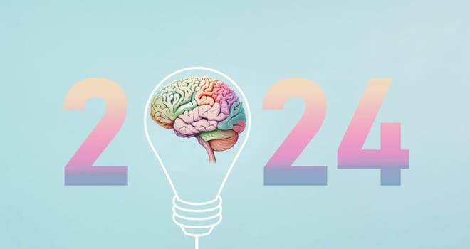 New Year 2024 with a light bulb, new idea, being innovative, starting a business, eduaction goal, resoltutions in progress, AI used for brain
