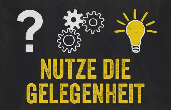 Question Mark, Gears, Light Bulb Concept - Take the opportunity in german - Nutze die Gelegenheit