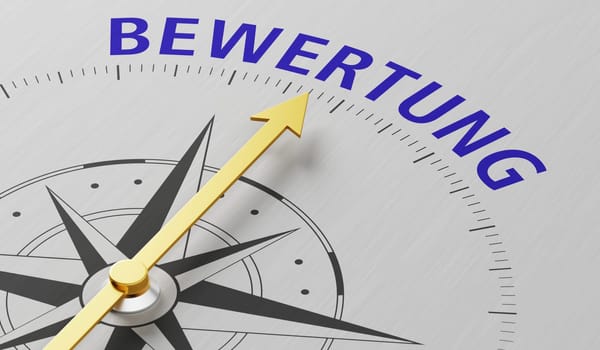 Compass needle pointing to the text Valuation in german - Bewertung - 3d render