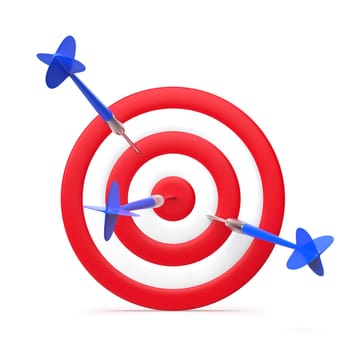 Concept image with three darts hitting the dartboard, one succesfully in the center