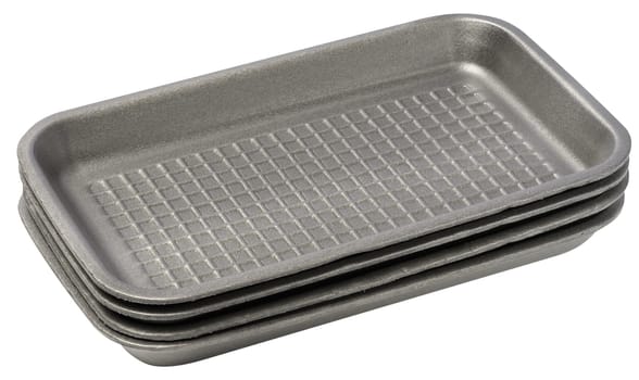 Disposable polystyrene foam rectangular plate for packaging vegetables and meat on a white isolated background