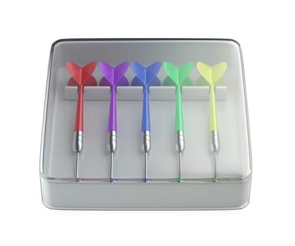 Transparent plastic box with five colorful darts on white background