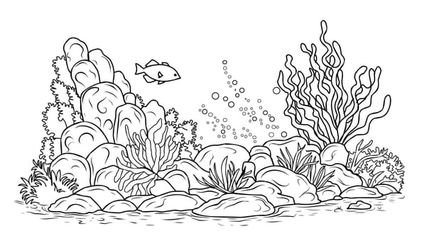 Underwater world coloring page. Coloring page life in the ocean with algae