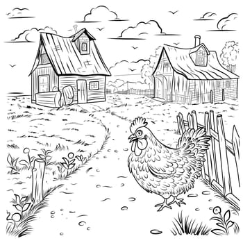 Bird farm coloring page. Hens and chicks linear illustration for coloring