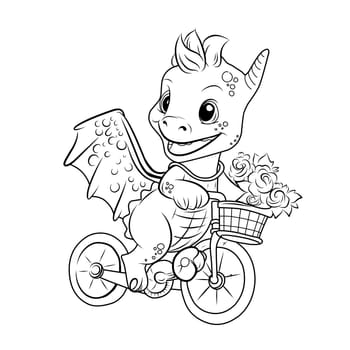 COLORING PAGE dragon on bike kid. Dragon cute funny character linear illustration childrens for coloring