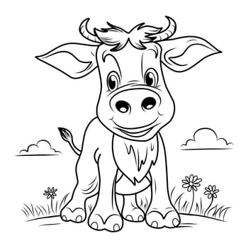 COLORING PAGE of a cow. calf cute funny character linear illustration childrens for coloring.Cow farm