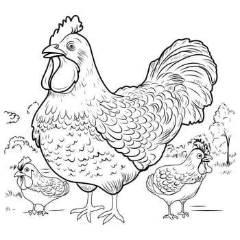 COLORING PAGE chicken with chicks. hen laying hen cute funny character linear illustration childrens for coloring.Bird farm