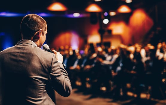 Speaker giving a talk on corporate business conference. Unrecognizable people in audience at conference hall. Business and Entrepreneurship event.