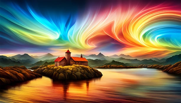 Colorful abstract wave of smoke upon landscape with little house, rockes and water by night - Generative AI