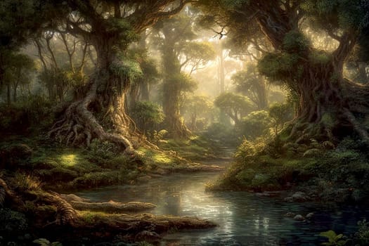 Beautiful forest. old trees. The stream flows in the forest. Wildlife scene. AI illustration.