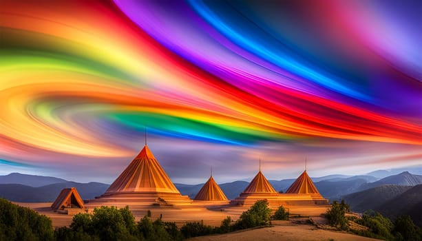 Colorful abstract wave of smoke upon landscape with little house, rockes and water by night - Generative AI