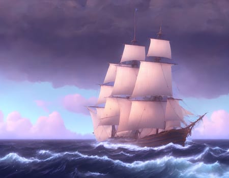 Imperial ancient old ship on the ocean by cloudy day - Generative AI