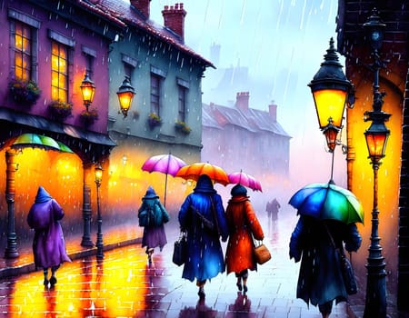Colorful umbrellas in a vintage street - Generative AI