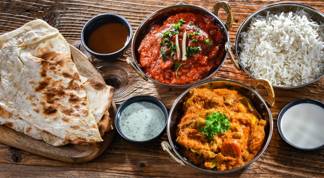 Hot madras paneer and vegetable masala with basmati rice served in original indian karahi pots.