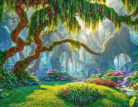 Fantasy beautiful garden with big trees by day - Generative AI