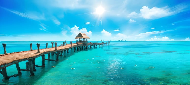 The Old wood bridge on beach with nice sky - ai generated