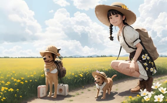 The girl and dog play beside paddy place - ai generated