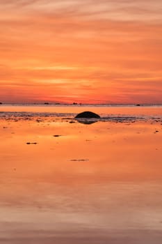 Sunset, small rock at low tide in front of the illuminated sea. Light waves. Poel island on the Baltic Sea. Nature photo from the coast