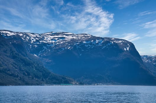 Fjord with view of mountains and fjord landscape in Norway. Landscape shot with sunny blue sky. In the north of Scandinavia