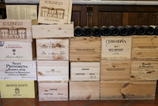 Montalcino, Italy - September 12, 2022: Interior of a wine shop in Montalcino ,Tuscany, Italy. Montalcino is famous for its Brunello di Montalcino wine.