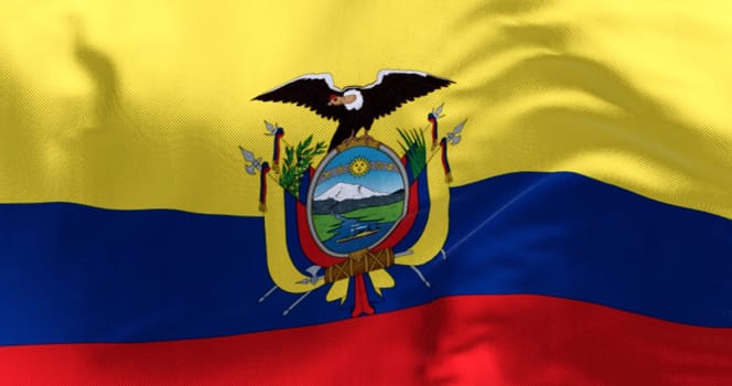 Close-up view of the Ecuador national flag waving in the wind. The Republic of Ecuador is a presidential republic of South America. 3d illustration render. Fluttering fabric