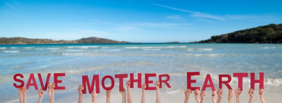 People Or Persons Hands Building English Word Save Mother Earth. Summer Ocean, Sea And Beach As Background.