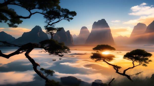 The Mountain forest landscape under evening sky with clouds - ai generated