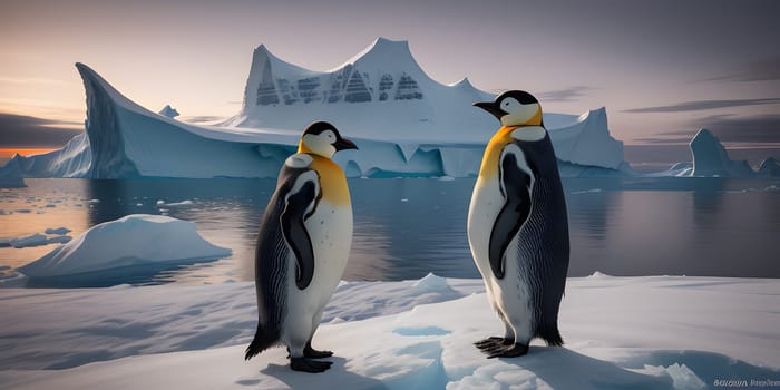 The Penguin looking at the aurora in the distance from the iceberg - ai generated