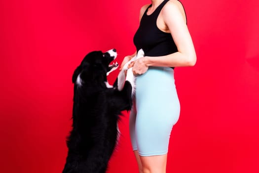 Shot of sport female in leggings with a border collie dog isolated on yellow and red background