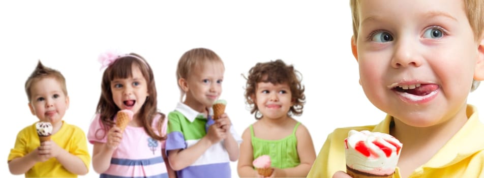 happy boy in front of kids group with ice cream isolated