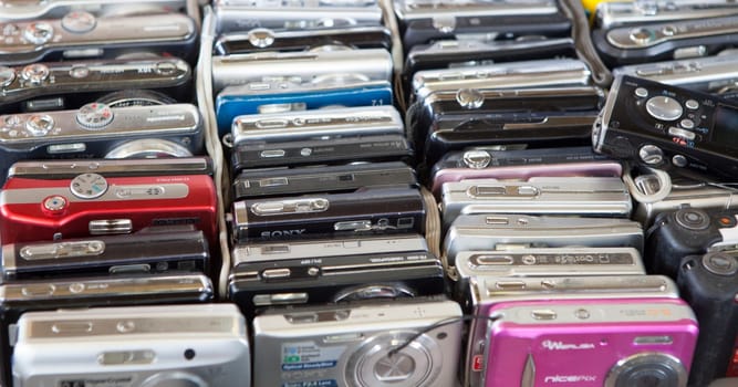 Barcelona, Spain - Jun 30th, 2023: Old digital compact cameras. Encants market, Barcelona, Spain