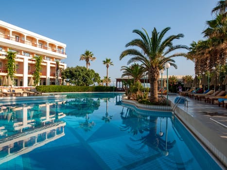Rethymnon, Crete, Greece - Juni 15, 2022: Swimming pool at  hotel in Rethymnon on Crete, Greece