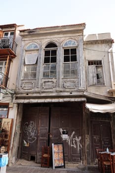Rethymnon, Crete, Greece - Sept 18, 2021: Old houses in old town of Rethymnon, Crete island. Greece.