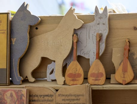 Rethymnon, Crete, Greece - Sept 18, 2021: The interior of a carpentry workshop in Rethymnon where handmade wooden souvenirs from Crete are made