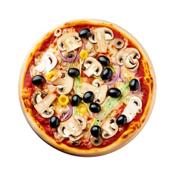 vegetarian pizza with mushrooms isolated on a white background