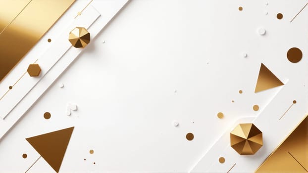 A gold and white background with a lot of shapes and dots. The shapes are triangles and circles