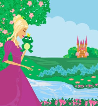 Beautiful young princess kissing a big frog