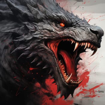 Dramatic image of a dragon with strong teeth and red spray