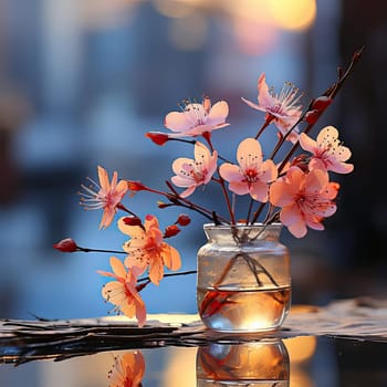 Pink flowers in a translucent vase, featuring a realistic and serene scene