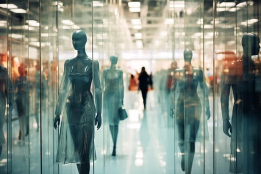 People shopping. Mannequins standing in showcase luxury shopping mall. Glass windows and storefronts. Fashion show. Trendy place. Elegance collection