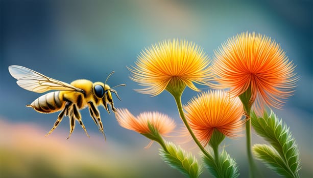 Bee flying next to orange flowers on green bohek background - Generative AI