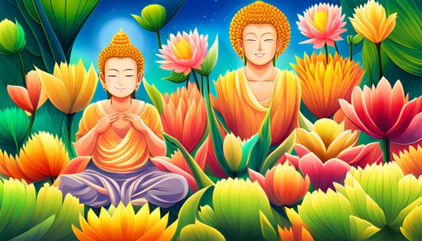 Two smiling golden buddhas among beautiful colorful flowers - Generative AI